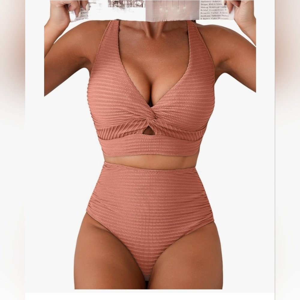Ribbed Pink Bikini Set Size Large L - Picture 2 of 8